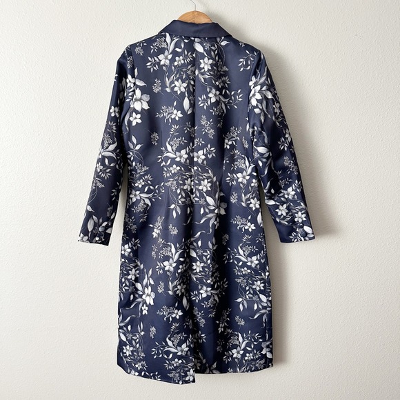 Venus Navy Floral Print Satin Long Formal Elegant Over Coat Women's Size 14 - Picture 7 of 13